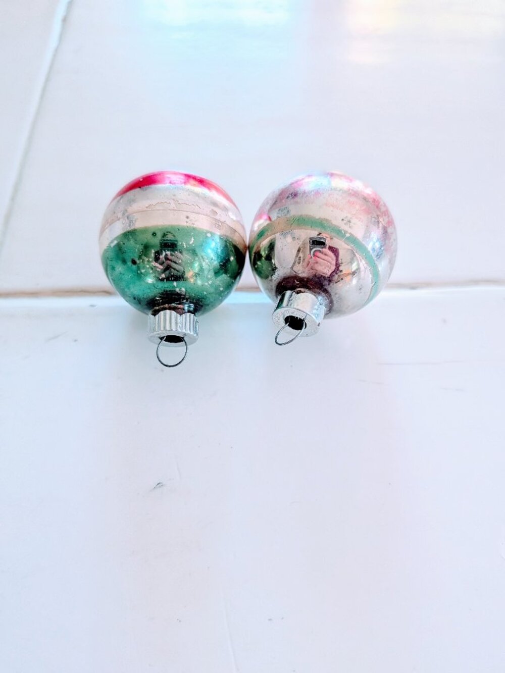 VTG Lot of 2 Shiny Brite Mercury Glass Ornaments Silver Pink Turquoise Striped